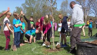 Jane Addams Elementary School students plant trees for Arbor Day