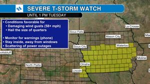 Severe Thunderstorm Watch Until 1 p.m. for most of Iowa
