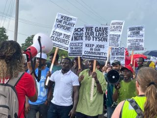 Laid-off Tyson workers rally outside plant in Joslin, fight for jobs
